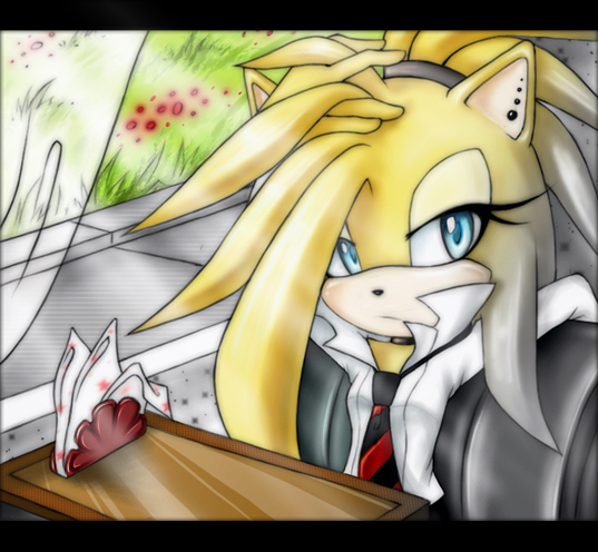 ann-jey blue_eyes bored cafe clothing ear_piercing female gitz_the_hedgehog hedgehog looking_at_viewer mammal necktie piercing shirt solo table yellow_body