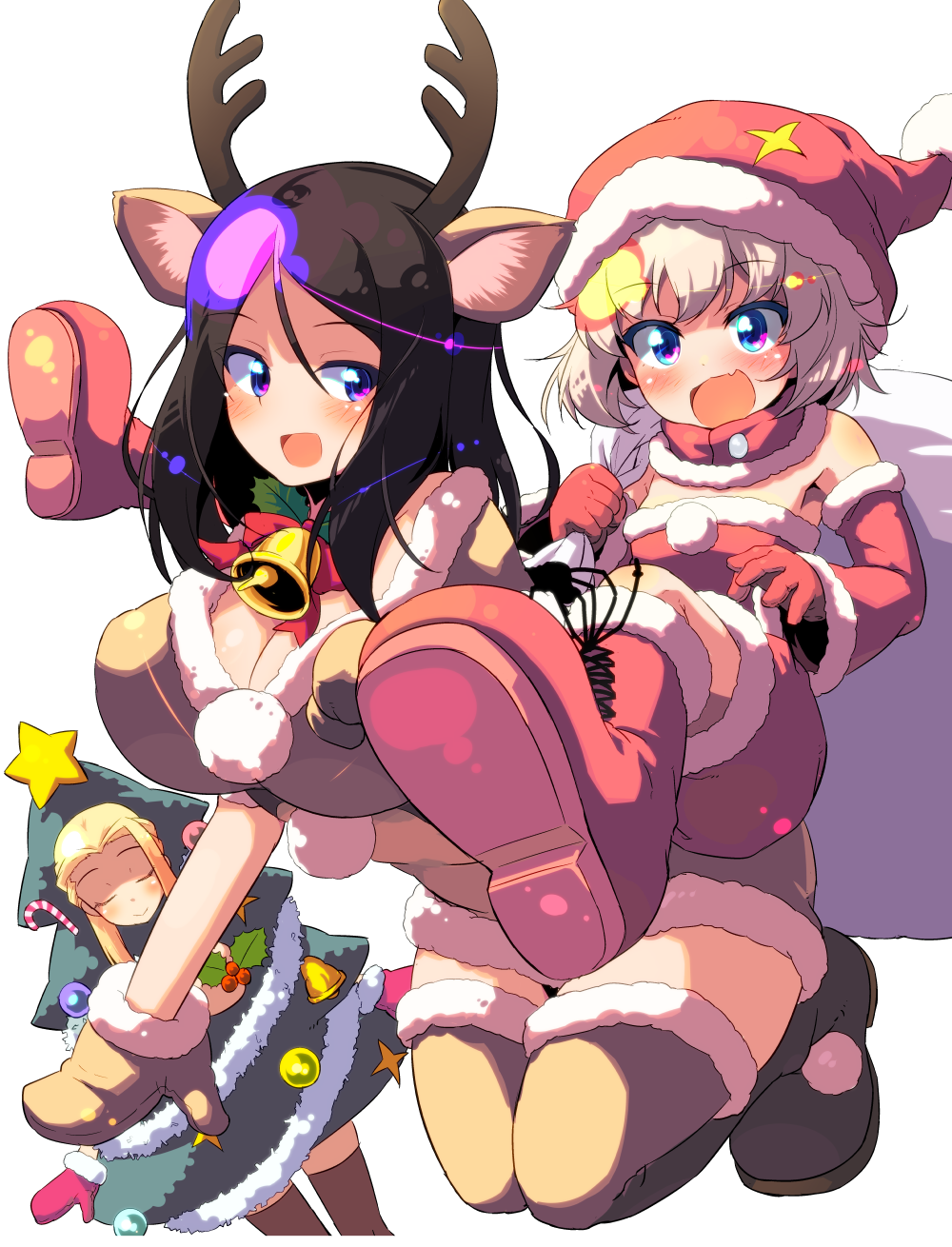 :d animal_costume animal_ears antlers bangs bell black_hair blonde_hair blue_eyes boots breasts brown_footwear brown_shirt brown_shorts candy candy_cane carrying christmas_ornaments christmas_tree christmas_tree_costume clara_(girls_und_panzer) cleavage commentary_request crop_top detached_sleeves dress eyebrows_visible_through_hair fang food foreshortening fur_collar garland_(decoration) girls_und_panzer gloves hat highres holly jingle_bell katyusha kneeling large_breasts long_hair looking_at_viewer midriff multiple_girls nonna open_mouth piggyback red_collar red_dress red_footwear red_gloves red_hat red_mittens reindeer_antlers reindeer_costume reindeer_ears santa_costume santa_hat shirt short_hair short_shorts short_sleeves shorts smile snowflake_print standing strapless strapless_dress sw swept_bangs thigh_boots thighhighs white_background