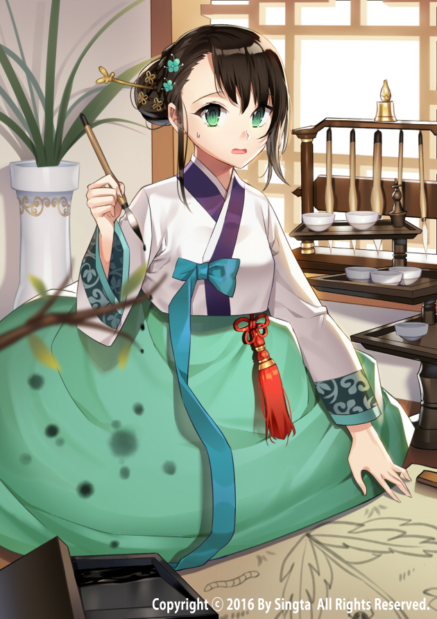 bad_id bad_pixiv_id bangs blue_bow blurry blush bow bowl brown_hair carchet commentary copyright_name day ears_visible_through_hair flower green_eyes hair_between_eyes hair_flower hair_ornament hanbok holding indoors korean_clothes looking_at_viewer multicolored nose_blush open_mouth original short_hair sid_story solo table tassel vase windowsill