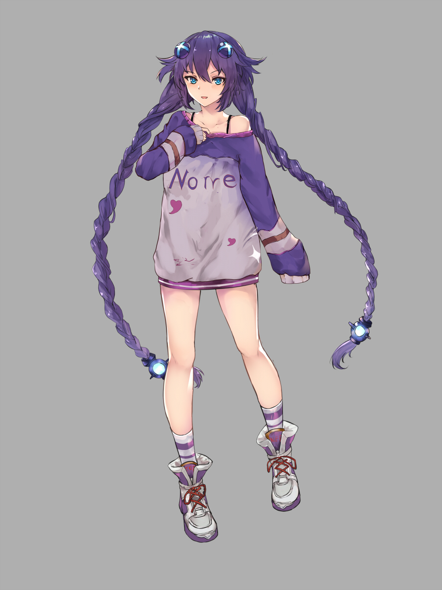 :d alternate_costume bare_legs bare_shoulders blue_eyes braid casual character_name d-pad d-pad_hair_ornament full_body hair_ornament hand_on_own_chest highres long_hair looking_at_viewer neptune_(series) off_shoulder open_mouth power_symbol purple_hair purple_heart simple_background smile solo sweater symbol-shaped_pupils twin_braids twintails very_long_hair very_long_sleeves white_crow