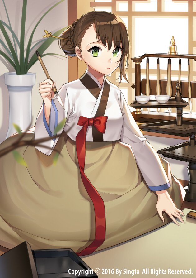 bad_id bad_pixiv_id bangs blurry blush bow bowl brown_hair carchet commentary copyright_name day eyebrows_visible_through_hair green_eyes hair_between_eyes hair_bun hair_ornament hairpin hanbok holding holding_brush indoors korean_clothes looking_at_viewer multicolored nose_blush open_mouth original plant red_bow short_hair sid_story solo table vase windowsill