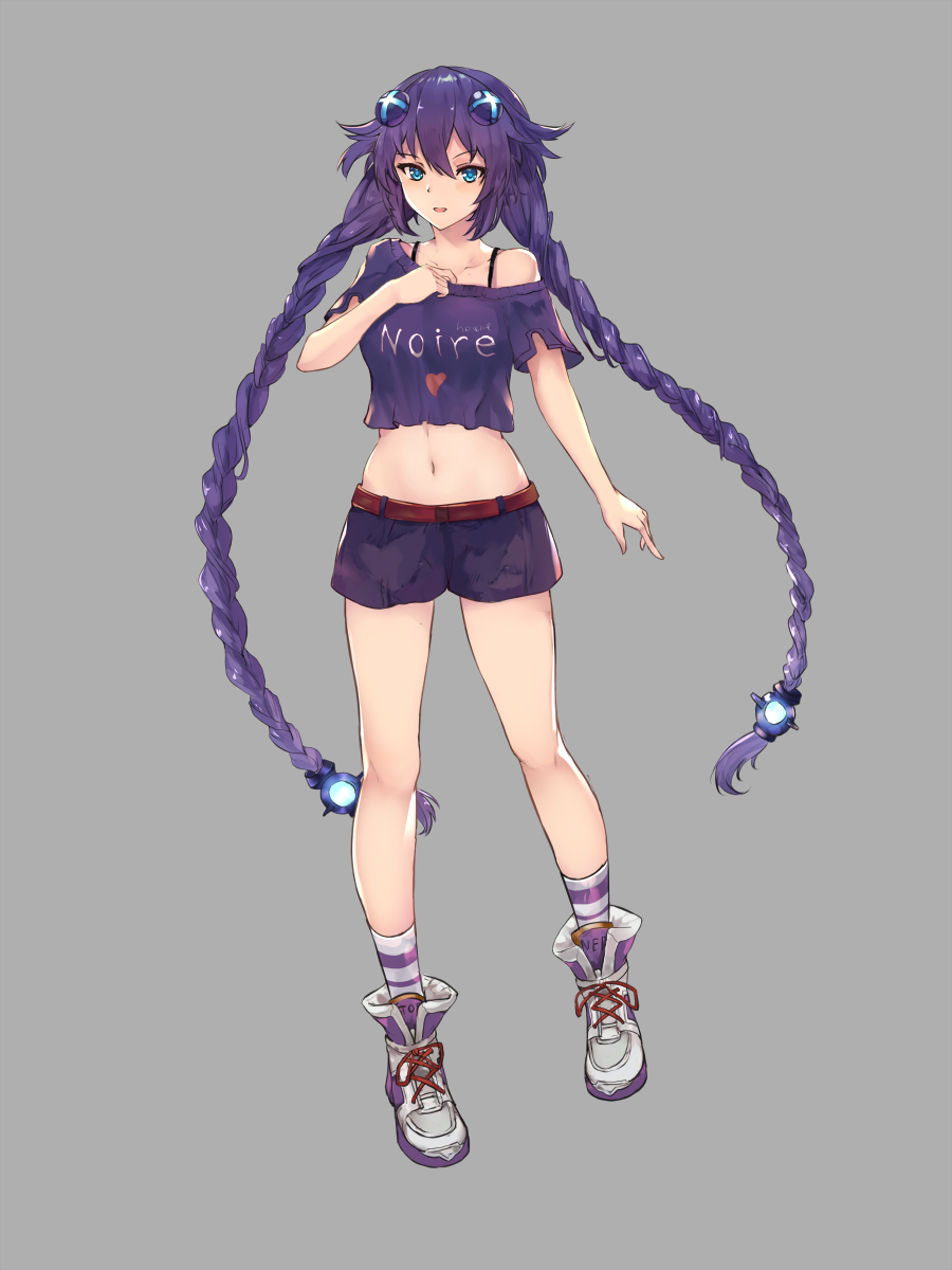 :d alternate_costume bare_legs bare_shoulders blue_eyes braid casual character_name crop_top d-pad d-pad_hair_ornament full_body hair_ornament hand_on_own_chest highres long_hair looking_at_viewer midriff navel neptune_(series) off_shoulder open_mouth power_symbol purple_hair purple_heart purple_shirt purple_shorts shirt short_shorts shorts simple_background smile solo stomach symbol-shaped_pupils twin_braids twintails very_long_hair white_crow