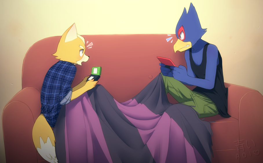 anthro aoiuchuu avian beak bedding bird blanket blue_eyes blue_feathers canine clenched_teeth clothed clothing duo eye_contact falco_lombardi feathers fox fox_mccloud fully_clothed fur green_eyes male mammal nintendo nintendo_ds open_mouth shirt simple_background sitting sofa star_fox tank_top teeth video_games