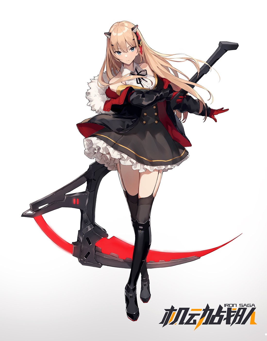 aiko_(kanl) bangs blonde_hair bow bowtie buttons frills full_body fur_trim garter_straps gloves gradient gradient_background hair_ornament highres holding holding_weapon iron_saga jacket long_hair off_shoulder open_clothes open_jacket ribbon scythe skis solo thighhighs veronica_(iron_saga) weapon white_background