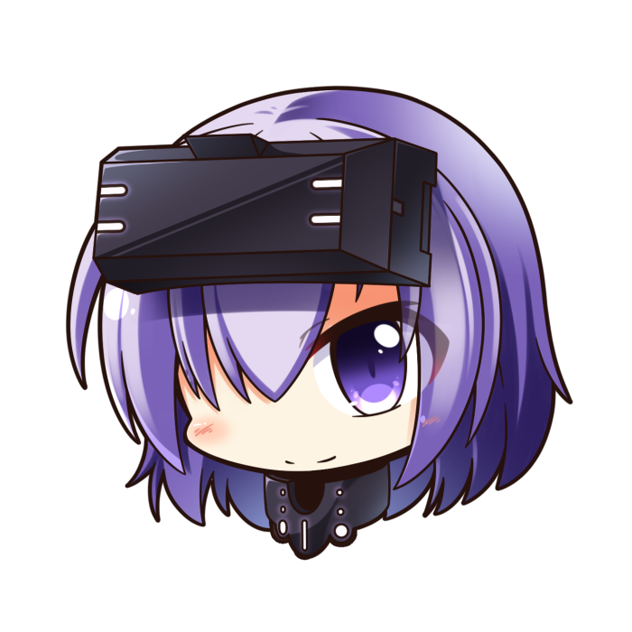 armor bangs black_armor black_background blush chibi closed_mouth cropped_torso eyes_visible_through_hair fate/grand_order fate_(series) gorget hair_over_one_eye head light_smile looking_at_viewer mash_kyrielight no_nose ortenaus portrait purple_eyes purple_hair shachoo. short_hair simple_background smile solo vr_visor white_background