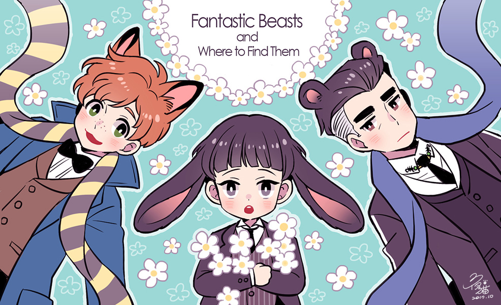 animal_ears aqua_background artist_name bear_ears black_hair bow bowtie brown_eyes brown_hair bunny_ears copyright_name credence_barebone dated fantastic_beasts_and_where_to_find_them flower fox_ears freckles green_eyes male_focus multicolored_hair multiple_boys necktie newt_scamander nightcat open_mouth percival_graves scarf teeth two-tone_hair white_hair