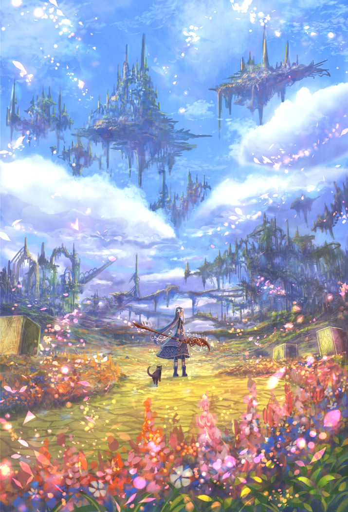 blue_dress blue_hair blue_sky boots cat cloud cloudy_sky commentary_request day dress fantasy field floating_island flower from_behind hair_flower hair_ornament holding long_hair looking_at_viewer looking_back original outdoors sakimori_(hououbds) scenery sky solo standing