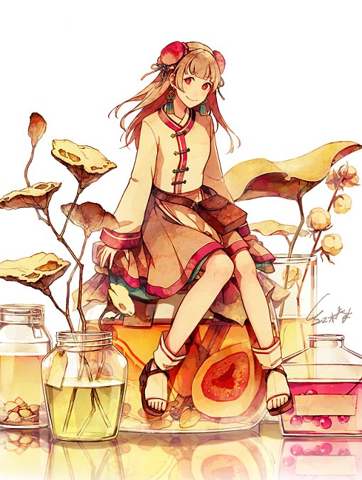 akagi_shun bag brown_hair bun_cover closed_mouth commentary double_bun earrings handbag jewelry long_sleeves looking_at_viewer minigirl no_socks original plant red_eyes sandals sepia simple_background sitting skirt smile solo tassel white_background