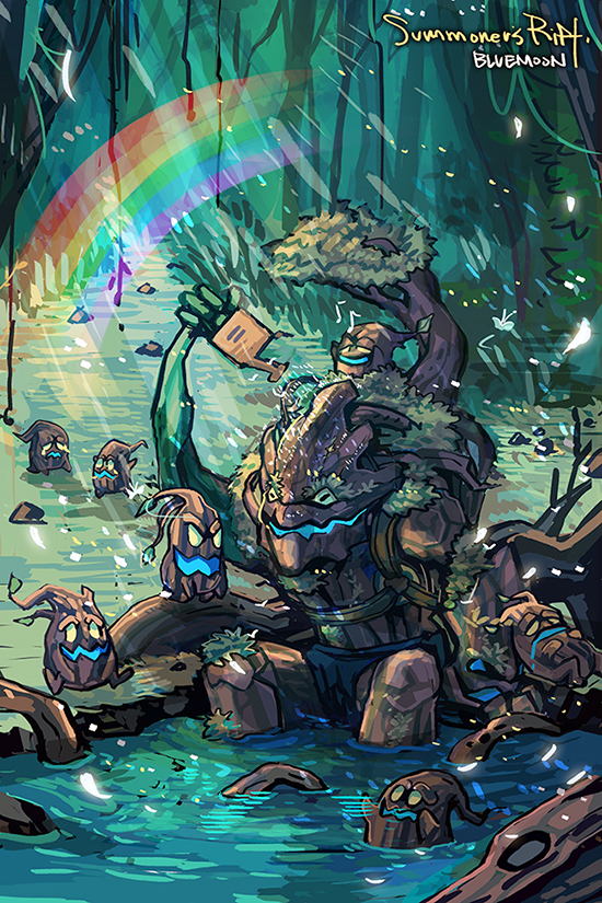flower glowing glowing_eyes grass leaf league_of_legends maokai moonblue musical_note no_humans open_mouth rainbow sitting solo tree water