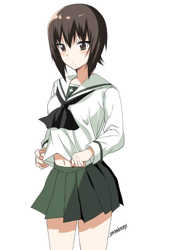 alternate_costume artist_name bad_id bad_twitter_id bangs black_neckwear blouse brown_eyes brown_hair closed_mouth cowboy_shot girls_und_panzer green_skirt light_frown long_sleeves looking_down miniskirt navel neckerchief nishizumi_maho ooarai_school_uniform pleated_skirt saikawa_yusa school_uniform serafuku shirt_tug short_hair signature simple_background skirt solo standing white_background white_blouse