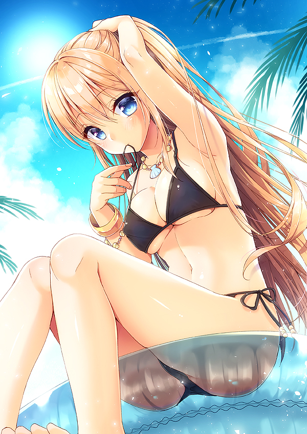 aoshima_kanae arm_up armpits bangs beach bikini black_bikini blonde_hair blue_eyes blue_innertube blue_sky blush bracelet breasts cleavage closed_mouth cloud cloudy_sky commentary_request condensation_trail covered_nipples day eyebrows_visible_through_hair hair_tie hair_tie_in_mouth hand_up innertube jewelry knees_together_feet_apart long_hair looking_at_viewer medium_breasts moe2018 mouth_hold navel necklace original outdoors palm_tree seashell shell side-tie_bikini sidelocks sitting sky solo swimsuit thighs tree tying_hair