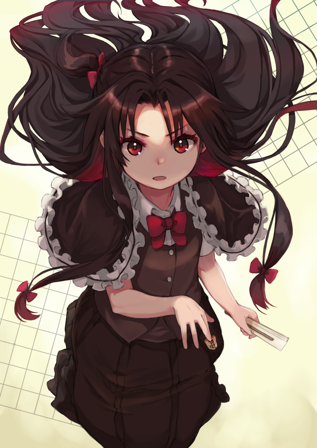 bangs board_game bow brown_capelet brown_hair brown_skirt brown_vest capelet closed_fan commentary_request fan floating_hair folding_fan frilled_capelet frills gradient_hair hair_bow highres holding holding_fan long_hair looking_at_viewer mugcup multicolored_hair one_side_up parted_lips pleated_skirt red_bow red_eyes red_hair ryuuou_no_oshigoto! seiza shirt short_sleeves shougi sitting skirt solo two-tone_hair v-shaped_eyebrows very_long_hair vest white_shirt yashajin_ai