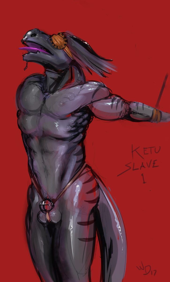 2017 animal_genitalia anthro balls bdsm blindfold bondage bound chastity chastity_cage digital_drawing_(artwork) digital_media_(artwork) dragon english_text genital_slit ketu male nude open_mouth red_background scalie simple_background slit solo text tongue tongue_out winddragon