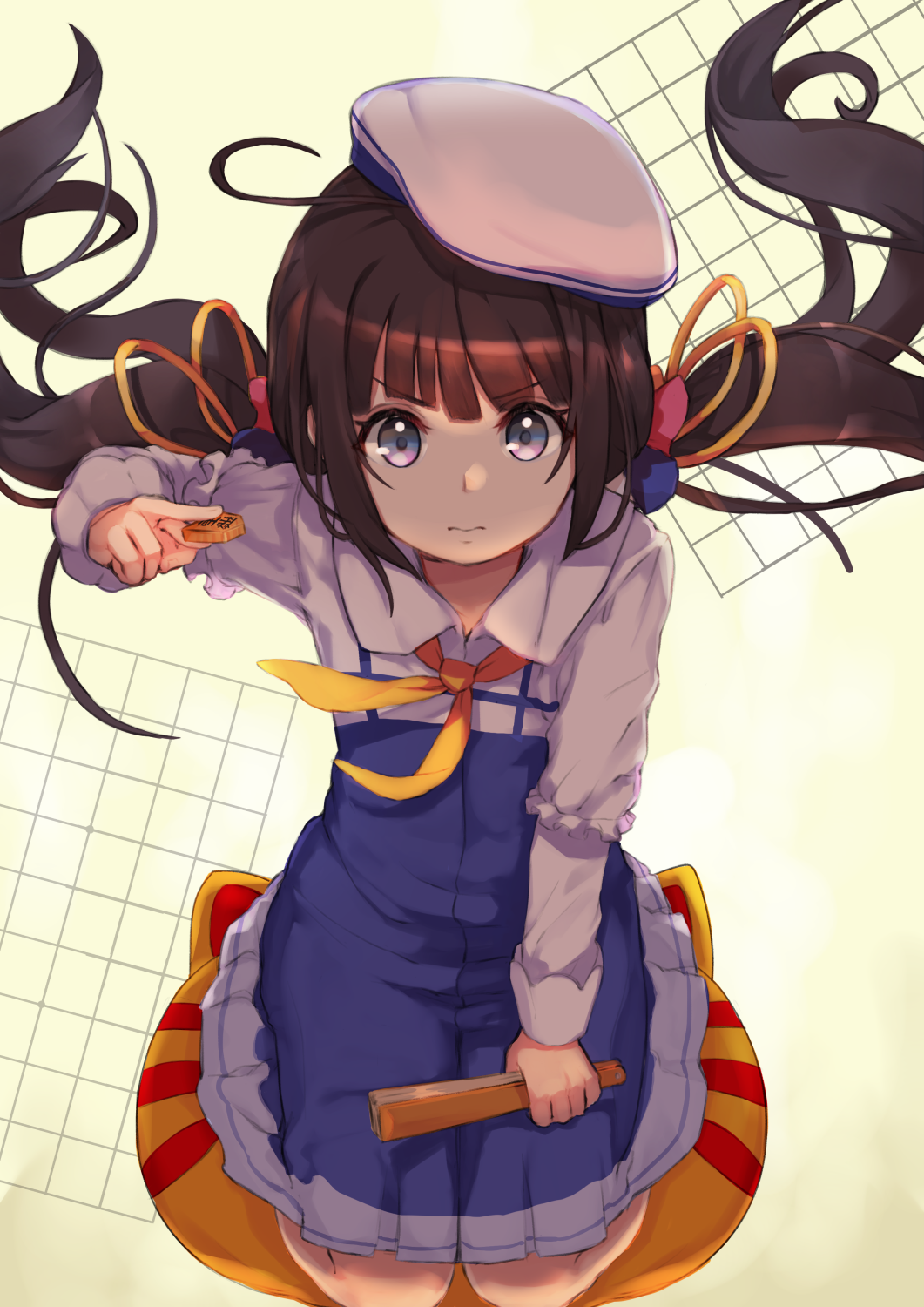 3: ahoge bangs beret blue_dress board_game brown_hair cat_pillow closed_fan closed_mouth commentary_request dress eyebrows_visible_through_hair fan floating_hair folding_fan hat highres hinatsuru_ai holding holding_fan long_hair long_sleeves low_twintails mugcup pillow puffy_short_sleeves puffy_sleeves ryuuou_no_oshigoto! school_uniform seiza short_over_long_sleeves short_sleeves shougi sitting solo twintails v-shaped_eyebrows very_long_hair white_hat