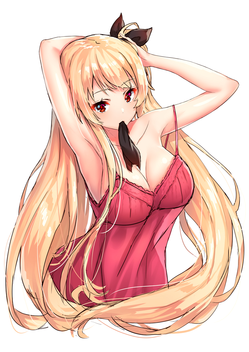 alternate_costume armpits arms_up azur_lane bangs bare_shoulders black_ribbon blonde_hair blush breasts camisole cleavage collarbone commentary_request eyebrows_visible_through_hair hair_ribbon hairdressing highres large_breasts long_hair looking_at_viewer mouth_hold nelson_(azur_lane) pensuke red_eyes ribbon shiny shiny_hair sidelocks simple_background solo strap_slip upper_body very_long_hair white_background