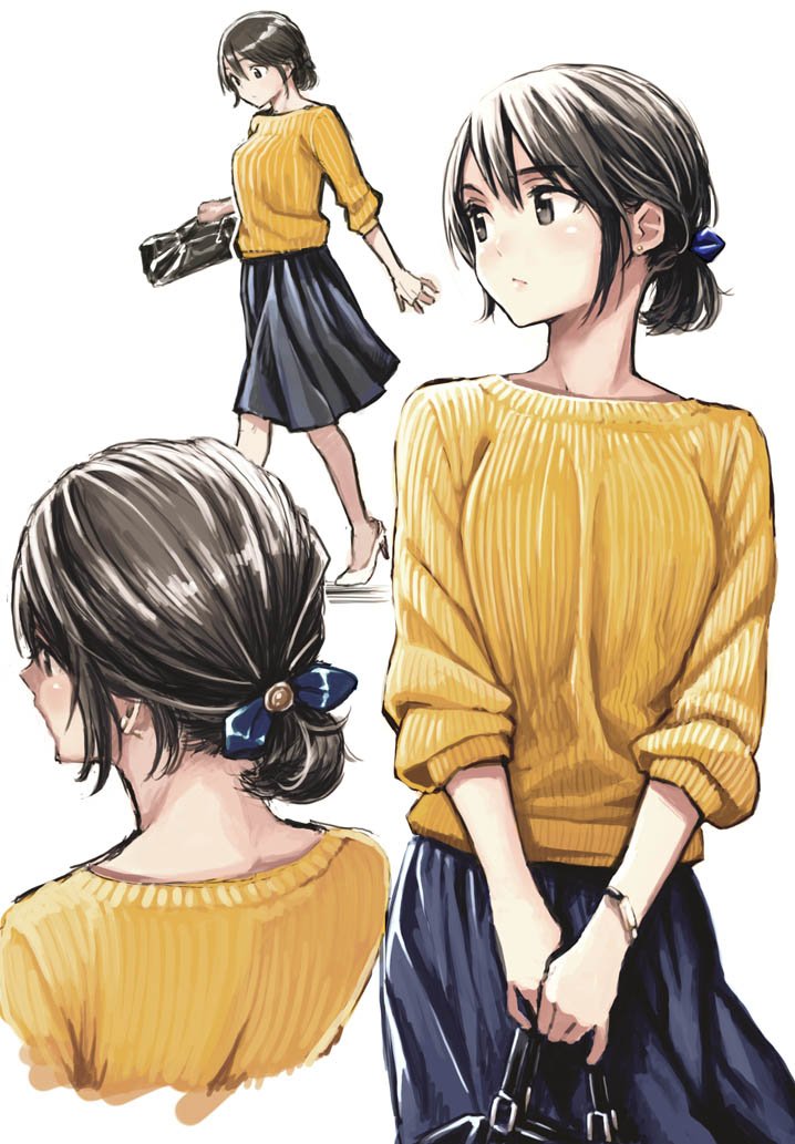 black_eyes black_hair bracelet commentary_request copyright_request earrings fujimaru_(bluebrand) hair_ornament high_heels jewelry multiple_views nape pleated_skirt ponytail ribbed_sweater short_hair skirt sleeves_rolled_up sweater wristband