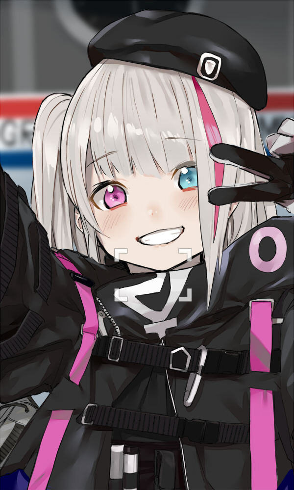 arm_up bangs beret black_gloves black_hat blue_eyes blunt_bangs commentary eyebrows_visible_through_hair girls_frontline gloves grey_hair hair_between_eyes hat heterochromia jacket long_hair long_sleeves looking_at_viewer mdr_(girls_frontline) multicolored_hair one_side_up open_clothes open_jacket open_mouth pinch_(nesume) pink_eyes pink_hair reaching_out self_shot side_ponytail sidelocks smile solo strap streaked_hair upper_body w w_over_eye