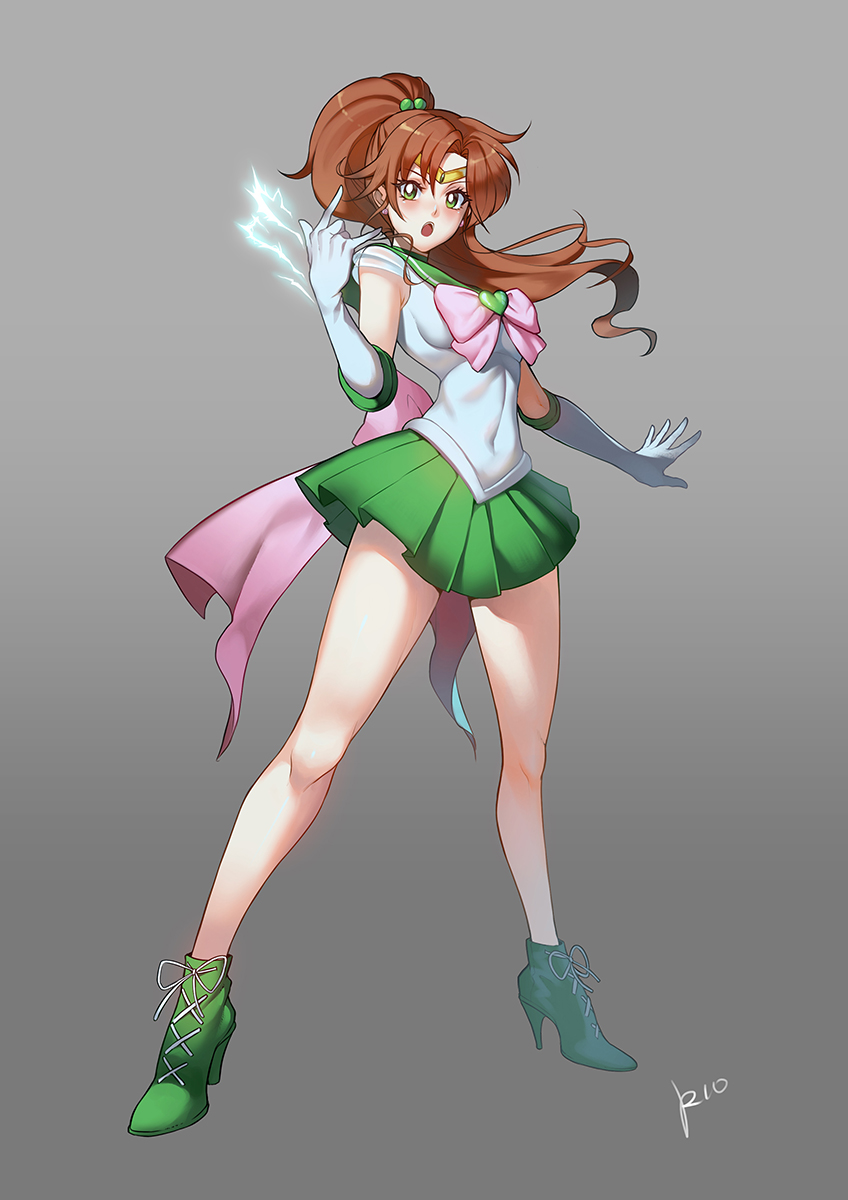 :o \m/ ankle_boots artist_name bare_legs bishoujo_senshi_sailor_moon boots bow brown_hair circlet cross-laced_footwear elbow_gloves gloves gradient gradient_background green_footwear green_sailor_collar green_skirt hair_bobbles hair_ornament heart high_ponytail highres kino_makoto long_hair looking_at_viewer pink_bow pleated_skirt ponytail rlo sailor_collar sailor_jupiter sailor_senshi_uniform signature simple_background skin_tight skirt solo standing super_sailor_jupiter very_long_hair white_gloves