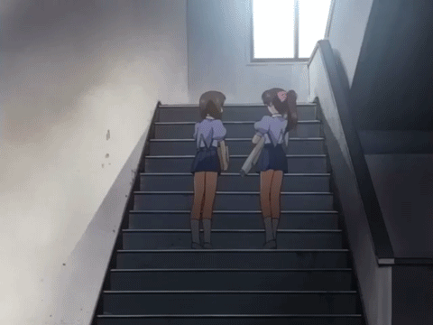 2girls animated animated_gif ass legs maburaho multiple_girls skirt stairs