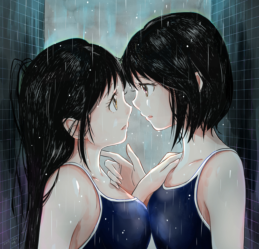 black_hair breast_press breasts competition_school_swimsuit finger_to_neck hand_on_another's_shoulder height_difference kakine-666 long_hair looking_at_another medium_breasts multiple_girls one-piece_swimsuit original pink_eyes rain school_swimsuit short_hair small_breasts swimsuit tile_wall tiles wet yellow_eyes yuri