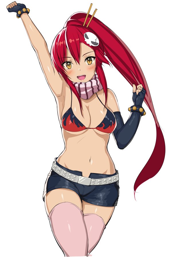 :d arm_up armpits asymmetrical_bangs bangs bare_arms bare_shoulders belt bikini_top black_gloves black_shorts blush breasts cleavage clenched_hands cowboy_shot elbow_gloves eyebrows_visible_through_hair fingerless_gloves flame_print gloves hair_ornament hair_stick kureha_(ironika) long_hair looking_at_viewer medium_breasts mismatched_gloves navel open_mouth orange_eyes pink_legwear pink_scarf ponytail raised_fist scarf short_shorts shorts sidelocks simple_background single_elbow_glove skull_hair_ornament smile solo standing stomach striped striped_scarf studded_belt tengen_toppa_gurren_lagann thighhighs very_long_hair white_background yoko_littner