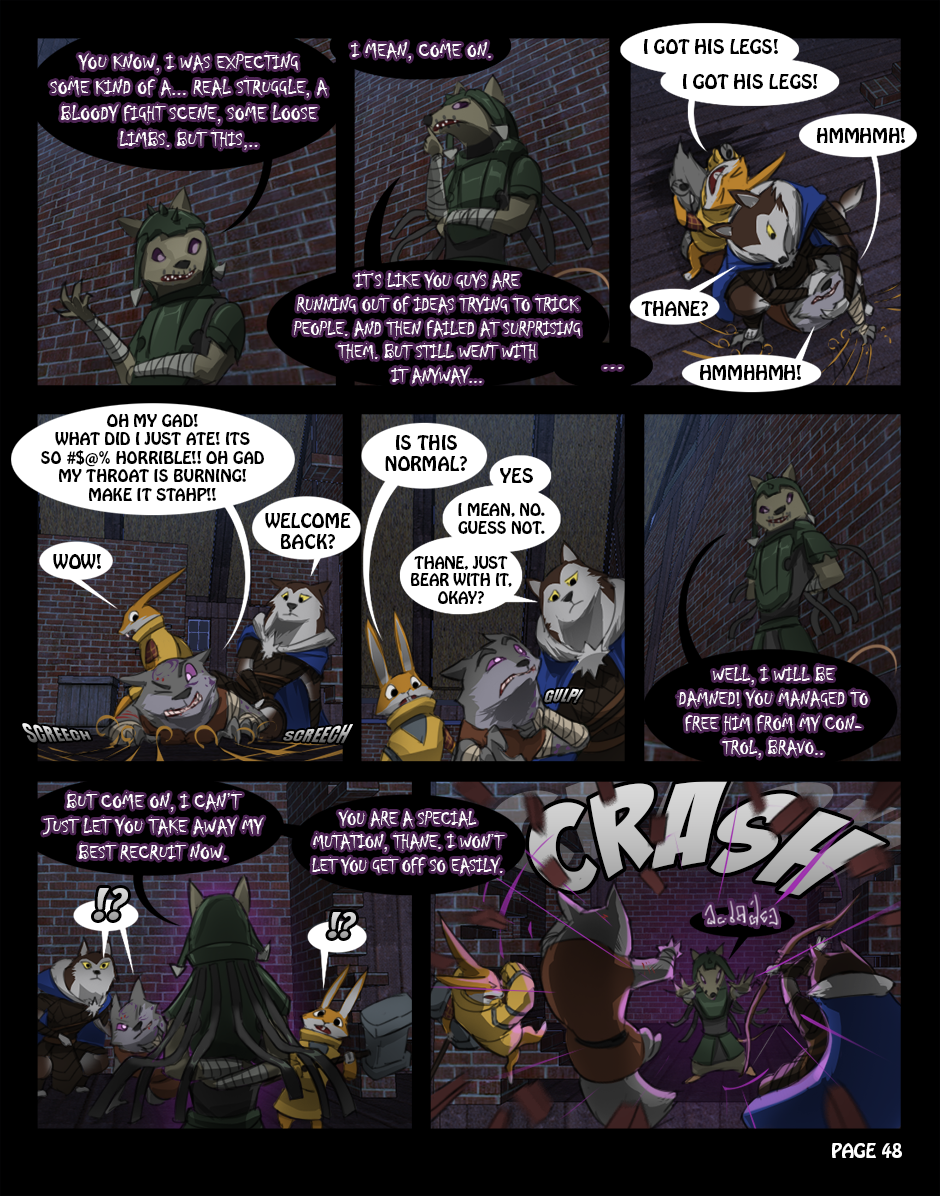 ! 2016 ? ?! angry anthro armello armor baldric bandage barnaby_(armello) belt bow_(weapon) breastplate canine cape clothed clothing comic crate dialogue english_text ermine female fur hammer hat infection inside lagomorph magic male mammal melee_weapon mustelid open_mouth purpleground02 rabbit ranged_weapon river_(armello) teeth text thane_(armello) tools tunic video_games weapon weasel wolf worried wounded yellow_eyes