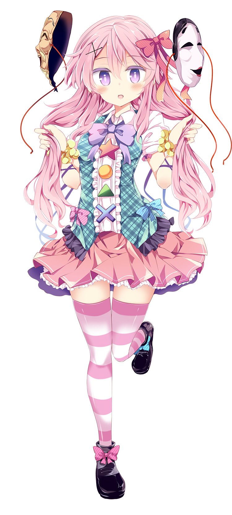 black_footwear blush bow bowtie bright_pupils center_frills eyebrows_visible_through_hair full_body hair_between_eyes hair_bow hair_grab hair_ornament hands_up hata_no_kokoro highres long_hair looking_at_viewer mask maturiuta_sorato nail_polish open_mouth pink_bow pink_hair pink_legwear pink_nails pink_skirt plaid plaid_skirt plaid_vest purple_eyes purple_neckwear purple_ribbon red_bow ribbon shirt shoe_bow shoes short_sleeves simple_background skirt solo standing standing_on_one_leg striped striped_bow striped_legwear thighhighs touhou twintails vest white_background white_shirt wing_collar x_hair_ornament zettai_ryouiki