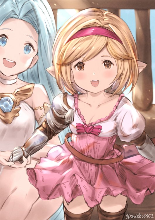 blonde_hair blue_eyes blue_hair brown_eyes collarbone djeeta_(granblue_fantasy) dress gauntlets granblue_fantasy hairband harvin looking_at_viewer lyria_(granblue_fantasy) milli_little multiple_girls open_mouth pink_hairband pointy_ears thighhighs