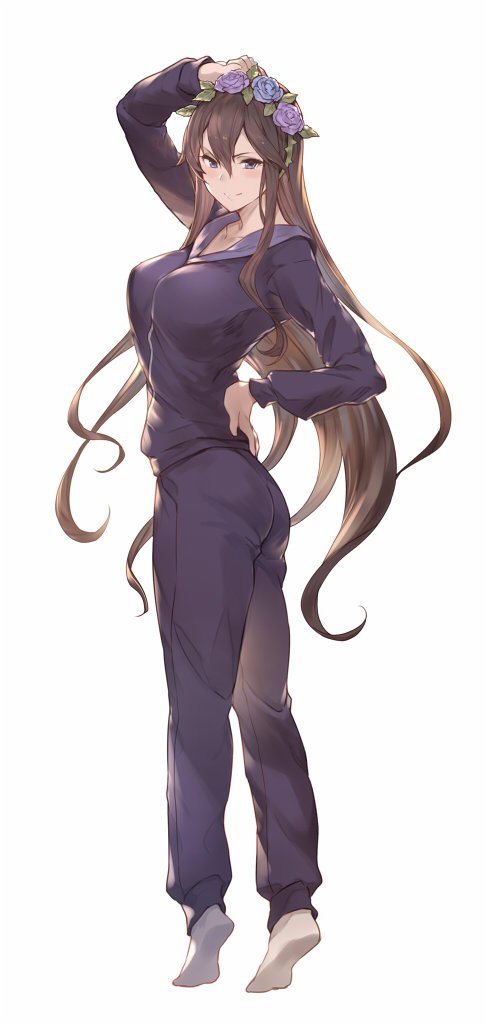 &gt;:) ass bangs blue_flower blue_rose breasts brown_hair closed_mouth flower from_behind full_body granblue_fantasy hair_flower hair_ornament hand_on_hip hand_on_own_head jacket kakage large_breasts long_hair long_sleeves looking_back no_shoes pants pink_flower pink_rose purple_eyes purple_jacket purple_pants rose rosetta_(granblue_fantasy) simple_background socks solo standing straight_hair tiptoes track_jacket track_suit v-shaped_eyebrows very_long_hair white_background white_legwear