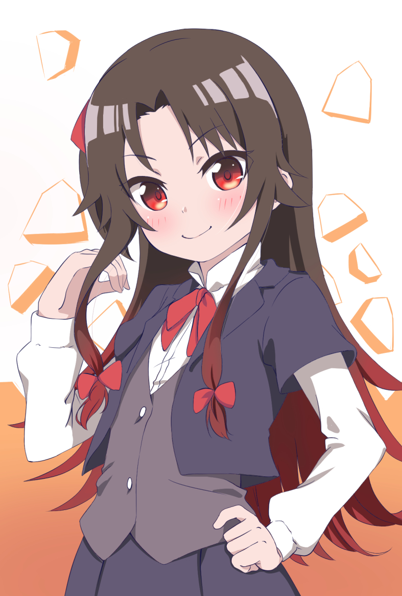 ao_ringo_(nn_aa) bangs black_jacket black_skirt blush bow brown_hair brown_vest closed_mouth commentary_request eyebrows_visible_through_hair gradient_hair hair_bow hand_on_hip jacket long_hair long_sleeves multicolored_hair pleated_skirt red_bow red_eyes red_hair ryuuou_no_oshigoto! shirt short_over_long_sleeves short_sleeves shougi_piece skirt smile solo very_long_hair vest white_shirt yashajin_ai