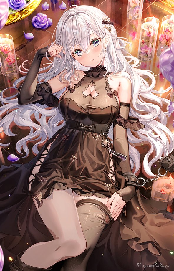 1girl bare_shoulders black_dress black_sleeves breasts brown_thighhighs cleavage cleavage_cutout clothing_cutout commentary_request detached_sleeves dress feet_out_of_frame flower fujima_takuya grey_eyes grey_hair hair_between_eyes head_tilt long_hair long_sleeves looking_at_viewer lying medium_breasts on_back on_floor original parted_lips petals purple_flower purple_rose rose single_thighhigh solo thighhighs twitter_username very_long_hair