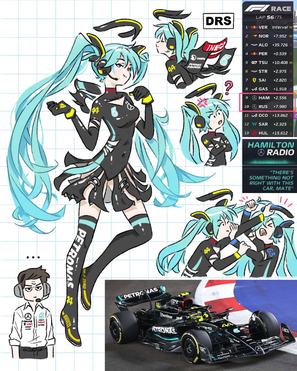 &gt;_&lt; ... 1boy 2girls ? anger_vein arms_at_sides black_footwear black_gloves black_leotard black_sleeves blue_eyes blue_hair boots breasts brown_hair car cleavage_cutout clone closed_mouth clothing_cutout collared_shirt cropped_torso crossed_arms detached_sleeves fighting formula_one formula_racer george_russell gloves grabbing_another's_hair hair_ornament halo hands_up hatsune_miku headphones highres leotard lewis_hamilton long_hair medium_breasts mercedes-amg_f1_w14 mercedes-benz microphone motor_vehicle multiple_girls notice_lines one_eye_closed open_mouth petronas photo_inset pirelli race_vehicle racecar racetrack shirt short_hair sleeves_rolled_up smile spoiler_(automobile) thigh_boots toto_wolff truffleduster twintails v-shaped_eyebrows very_long_hair vocaloid white_shirt