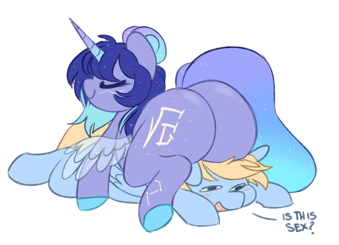 2023 asteria_(polarlights) big_butt blonde_hair blue_body blue_fur blue_hooves blue_skies_(abluepegasus) blush blush_lines butt constellation_markings cutie_mark dialogue digital_drawing_(artwork) digital_media_(artwork) duo equid equine eyes_closed fan_character female female_on_top feral feral_on_feral fur hair hasbro higglytownhero hooves horn lying male male/female male_on_bottom mammal multicolored_hair multicolored_tail my_little_pony narrowed_eyes on_bottom on_front on_top pegasus purple_body purple_fur quadruped rear_view simple_background sitting_on_head smile spread_wings suggestive suggestive_dialogue tail translucent translucent_wings white_background winged_unicorn wings yellow_tail