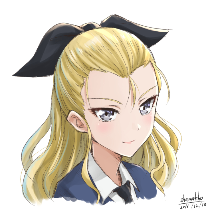 artist_name assam black_neckwear black_ribbon blue_eyes blue_sweater closed_mouth cropped_neck dated dress_shirt girls_und_panzer hair_pulled_back hair_ribbon long_hair looking_at_viewer necktie portrait ribbon school_uniform shamakho shirt signature simple_background smile solo st._gloriana's_school_uniform sweater v-neck white_background white_shirt wing_collar