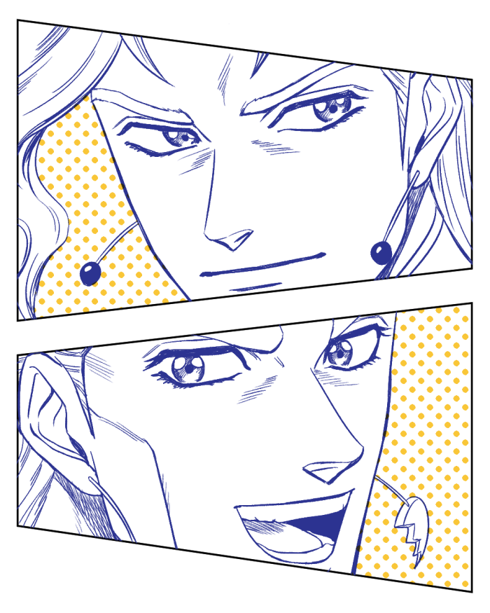 2boys cherry_earrings commentary_request earrings food-themed_earrings greyscale hage_tashuumi jean_pierre_polnareff jewelry jojo_no_kimyou_na_bouken kakyoin_noriaki male_focus monochrome multiple_boys open_mouth polka_dot polka_dot_background smile stardust_crusaders