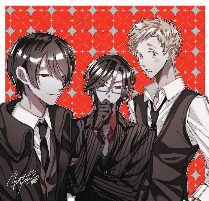 3boys black_eyes black_hair black_jacket black_necktie black_shirt blonde_hair blush_stickers brown_vest buttons closed_mouth collared_jacket collared_shirt commentary_request commission covered_mouth covering_mouth expressionless glasses grey_necktie hair_between_eyes half-closed_eyes hand_over_own_mouth hand_up jacket jpeg_artifacts long_sleeves looking_at_viewer male_focus multiple_boys naotin3333 necktie open_collar open_mouth original red_background red_eyes red_shirt shirt short_hair signature skeb_commission striped striped_shirt surprised thank_you thinking upper_body vertical-striped_shirt vertical_stripes vest white_shirt yellow_eyes