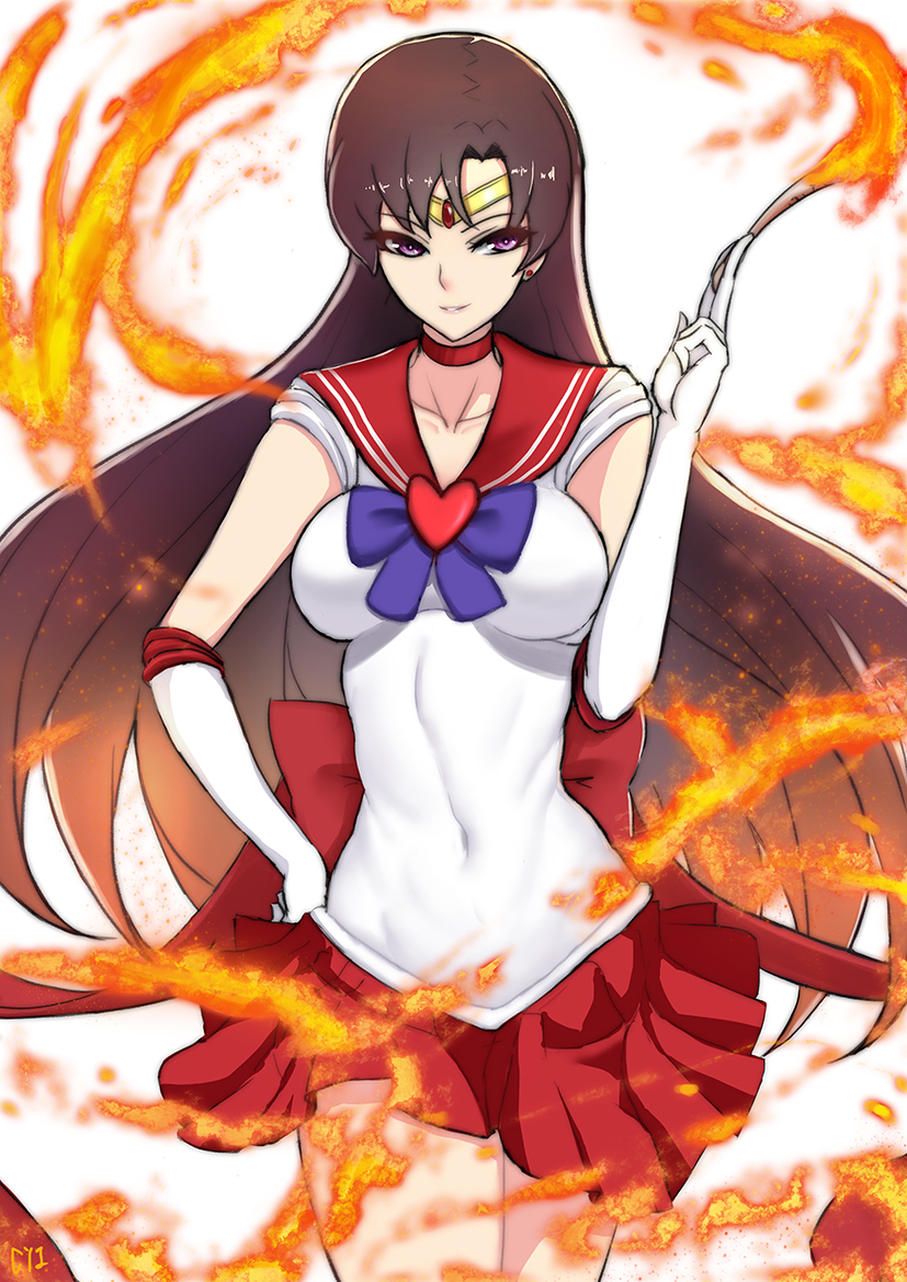 bishoujo_senshi_sailor_moon brown_hair choker collarbone covered_navel cowboy_shot cyicheng fire flame gloves hino_rei long_hair looking_to_the_side miniskirt pleated_skirt purple_eyes sailor_collar sailor_mars sailor_senshi_uniform skirt smile solo super_sailor_mars