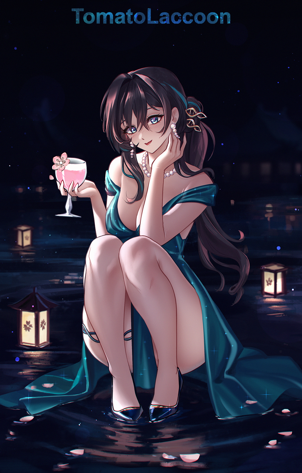 1girl bare_legs bare_shoulders bead_necklace beads black_hair blue_dress blue_eyes commentary cup cupping_glass dress hair_between_eyes hands_up highres holding holding_cup honkai:_star_rail honkai_(series) jewelry long_hair looking_at_viewer necklace off-shoulder_dress off_shoulder ponytail red_lips ruan_mei_(honkai:_star_rail) short_sleeves smile solo squatting thighs tomatolacoon very_long_hair