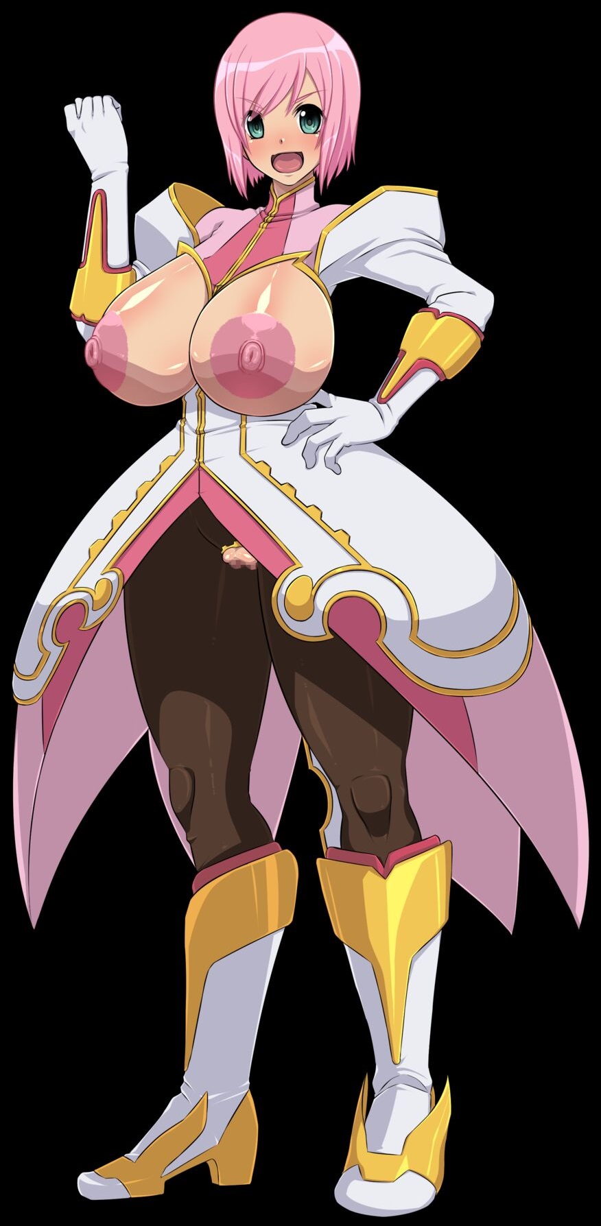 1girl bottomless breast_cutout breasts breasts_out clothing_cutout cutout estellise_sidos_heurassein flashing green_eyes happy highres huge_breasts huge_nipples large_areolae large_breasts looking_at_viewer mature_female nipples no_panties pink.s pink_hair presenting presenting_breasts presenting_pussy princess pussy pussy_cutout revealing_clothes short_hair smile solo tales_of_(series) tales_of_vesperia thick_thighs thighs topless wide_hips