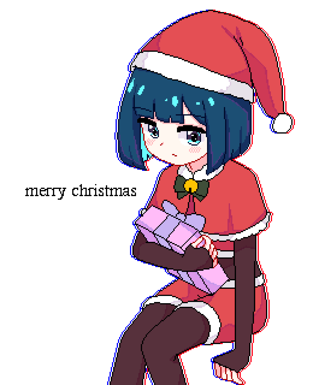 1girl aqua_eyes aqua_hair bell black_pantyhose black_sleeves blue_hair blunt_bangs blush bob_cut box capelet chibikki christmas chromatic_aberration closed_mouth colored_inner_hair crop_top dot_mouth dot_nose dress fur-trimmed_capelet fur-trimmed_dress fur-trimmed_headwear fur_trim gift gift_box hat highres jingle_bell long_sleeves looking_at_viewer merry_christmas multicolored_hair nanako_(chibikki) neck_bell no_halo original pantyhose pixel_art red_capelet red_dress red_headwear santa_costume santa_dress santa_hat short_hair shorts simple_background sitting solo two-tone_hair white_background