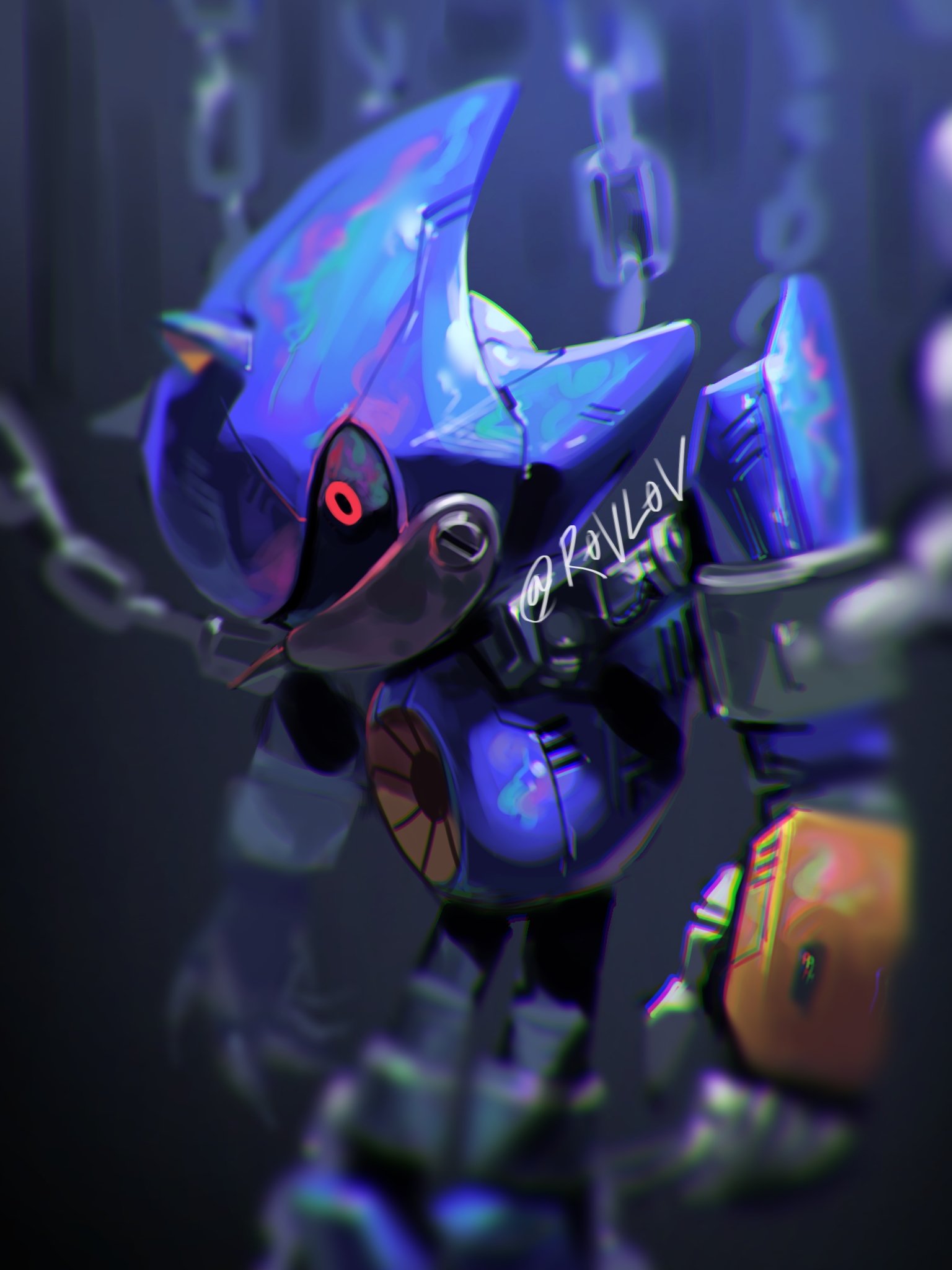 1boy animal_ears armor artist_name black_sclera blue_armor blurry bolt chain colored_sclera english_commentary fake_animal_ears fake_claws gradient_background grey_background hedgehog_ears highres looking_at_viewer male_focus mechanical_arms mechanical_legs metal_sonic pointy_nose r0vl0v red_eyes robot simple_background solo sonic_(series)