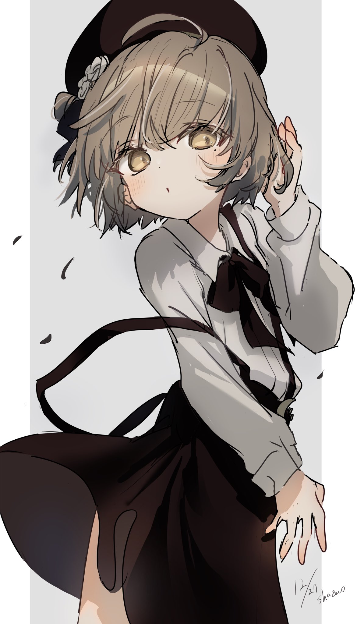 1girl adjusting_hair ahoge beret black_headwear black_ribbon black_skirt blush brown_eyes brown_hair clothes_lift collared_shirt cowboy_shot dated dot_nose flower grey_background hand_up hat hat_flower hat_ribbon hatoba_tsugu highres legs long_sleeves looking_to_the_side medium_hair medium_skirt mole mole_under_eye neck_ribbon off_shoulder open_mouth pillarboxed raised_eyebrows ribbon sha2mo shirt shirt_tucked_in short_hair signature simple_background skirt solo standing suspender_skirt suspenders suspenders_slip tsugu_(vtuber) virtual_youtuber white_flower white_shirt wind