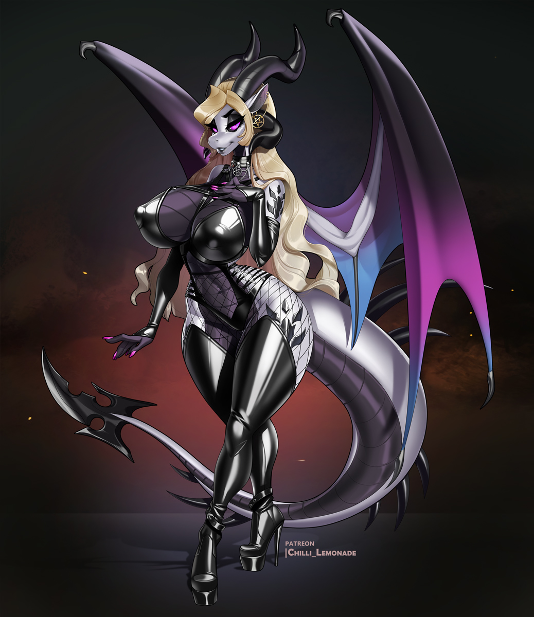 black_body black_scales blonde_hair boots breasts choker claws cleavage clothed clothing collar colored_nails dragon ear_piercing elbow_sleeves female fishnet footwear glistening glistening_clothing grey_body grey_scales hair hi_res high_heeled_boots high_heels horn jewelry legwear long_hair looking_at_viewer membrane_(anatomy) membranous_wings nails necklace nipple_outline pentegram piercing pink_claws pink_nail_polish pink_nails purple_body purple_eyes purple_scales scales solo thigh_boots thigh_highs wings