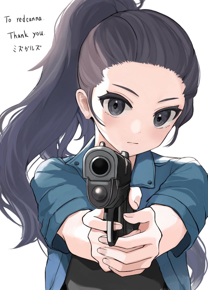 1girl aiming aiming_at_viewer artist_name black_eyes black_hair black_shirt blue_shirt closed_mouth collared_shirt commentary commission english_commentary etoria expressionless fingernails gun handgun hands_up high_ponytail holding holding_gun holding_weapon jpeg_artifacts light_blush long_hair looking_at_viewer original ponytail shirt short_sleeves simple_background skeb_commission solo thank_you undershirt upper_body weapon white_background