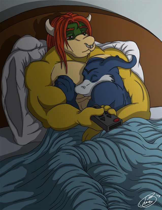 anthro bandai_namco bed bowser_koopa_junior_(roommates) digimon digimon_(species) eyes_closed facial_piercing flamedramon furniture giancarlo_rosato hasbro horn juano koopa male male/male mario_bros muscular muscular_anthro muscular_male nintendo nose_piercing nose_ring on_bed piercing pillow ring_piercing roommates_(comic) scalie sleeping solo tired tv_remote under_covers