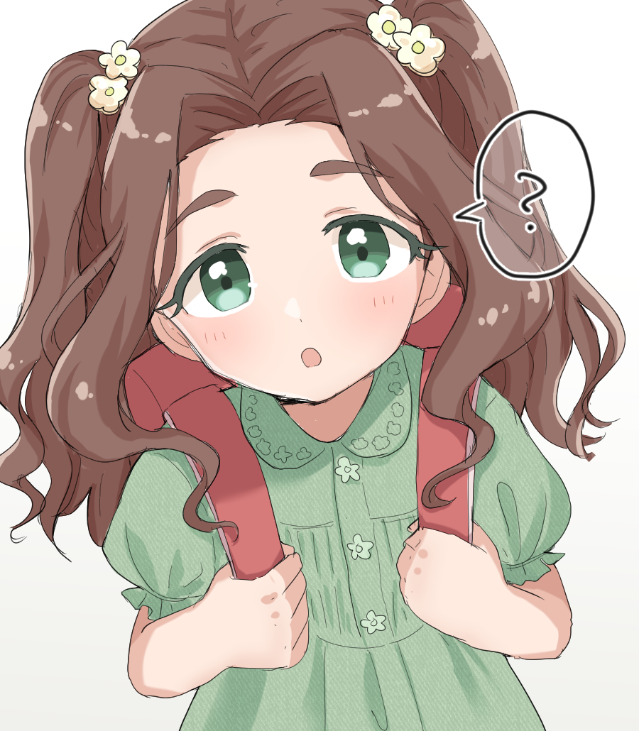 1girl ? alternate_hairstyle backpack bag blush breasts brown_hair dot_nose dress flower green_dress green_eyes hair_flower hair_ornament holding_strap idolmaster idolmaster_cinderella_girls idolmaster_cinderella_girls_starlight_stage kahiika kusakabe_wakaba long_hair looking_at_viewer open_mouth randoseru short_sleeves simple_background small_breasts solo speech_bubble thick_eyebrows twintails wavy_hair white_background