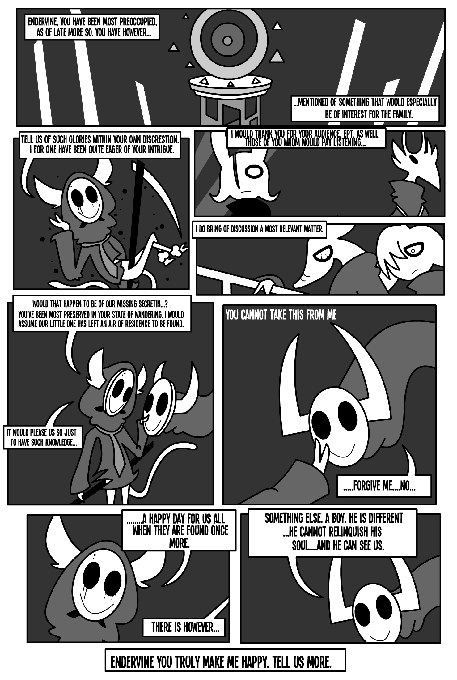 1_eye ambiguous_gender anthro bodily_fluids border clothed clothing comic dialogue endervine english_text frown greyscale group hi_res holding_object hoodie long_neck mask melee_weapon monochrome monster necktie polearm pupils scythe shane_frost slit_pupils smile speech_bubble tail tears text topwear triangle_(shape) weapon white_border