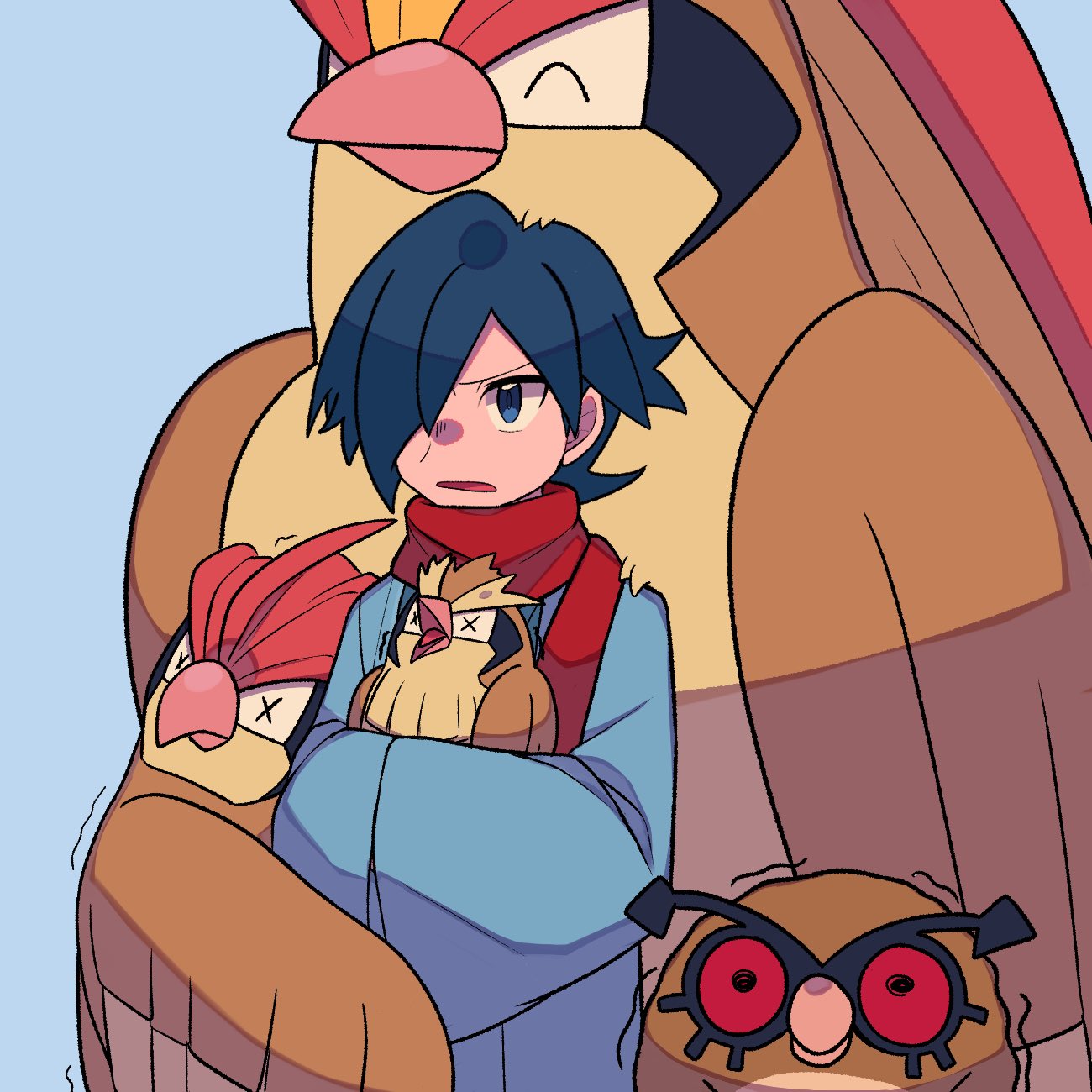 1boy alternate_costume aqua_kimono bird blue_eyes cold commentary evolutionary_line falkner_(pokemon) grey_background hair_over_one_eye highres holding holding_pokemon hoothoot japanese_clothes kimono male_focus pidgeot pidgeotto pidgey pokemon pokemon_(creature) pokemon_hgss red_scarf scarf symbol-only_commentary trembling tyako_089 x_x