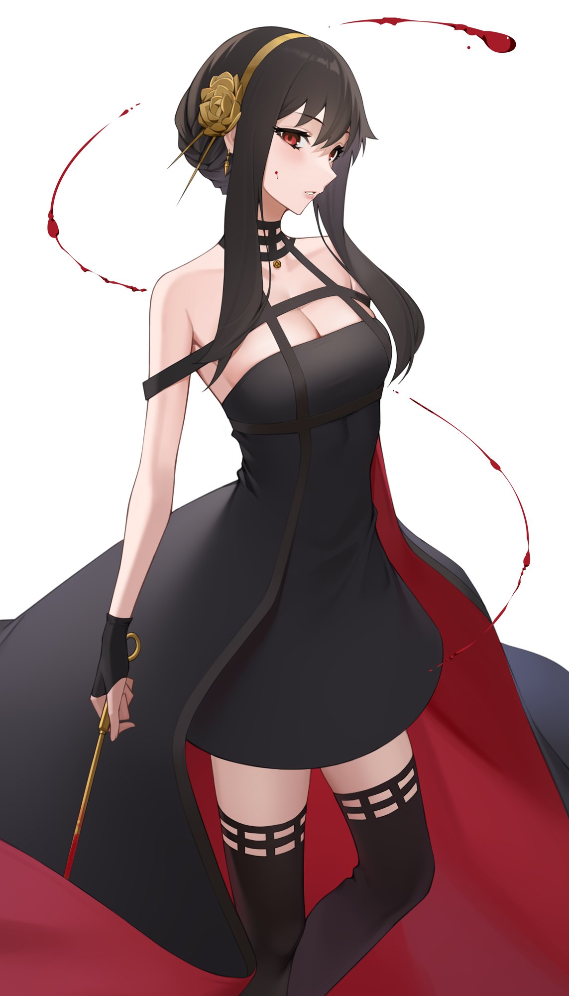 1girl black_dress black_gloves black_thighhighs blood blood_on_face blood_trail breasts brown_hair cleavage dagger dress earrings fingerless_gloves gloves gold_earrings gold_hairband hair_bun hairband highres holding holding_dagger holding_knife holding_weapon jewelry knife kuen_(kuennn12) long_hair looking_at_viewer medium_breasts red_eyes simple_background solo spy_x_family stiletto_(weapon) thighhighs two-sided_dress two-sided_fabric weapon white_background yor_briar