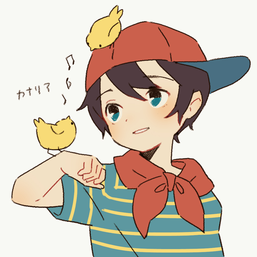 1boy animal_on_head bird bird_on_hand bird_on_head black_hair blue_eyes male_focus mother_(game) mother_1 musical_note neckerchief ninten on_head parted_lips red_neckerchief shifumame shirt short_hair sideways_hat simple_background solo striped striped_shirt translated white_background